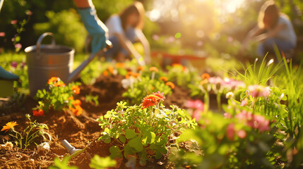 A sunlit garden where a family is planting flowers and vegetables, with gloves, watering cans, and soil nearby