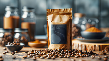 sleek mockup of a coffee bag displayed in the foreground with a rich, textured background of coffee beans