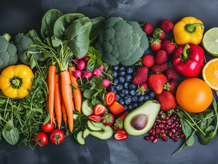 Vibrant veggies, fruits, and berries are showcased on a dark backdrop. Captured from above, this healthy vegan array leaves space for text.