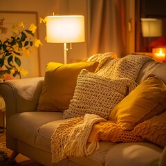 Illustrate the warmth of home in a living room interior with a beige sofa, cozy blanket, and cheerful yellow cushions, enhanced by the gentle glow of warm lighting