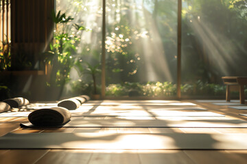 A yoga retreat with mats placed in a sunlit room, focused on mindfulness and deep breathing