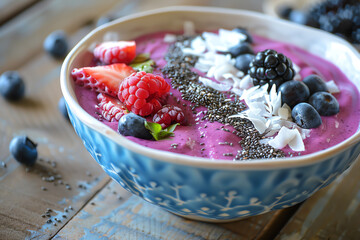 A vibrant smoothie bowl topped with coconut flakes, fresh berries, and chia seeds arranged artistically