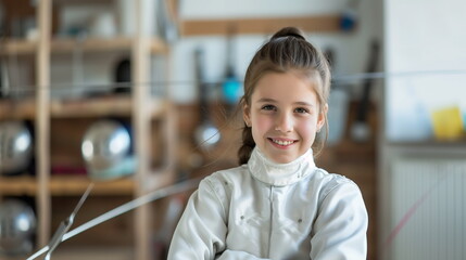 Child in fencing costume holding epee