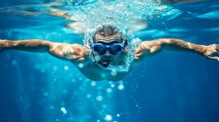 Underwater view of man swimming lengths in the swimming pool
