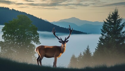 horizontal banner silhouette of deer standing on grass hill mountains and forest in the background magical misty landscape trees animal blue illustration bookmark - Powered by Adobe