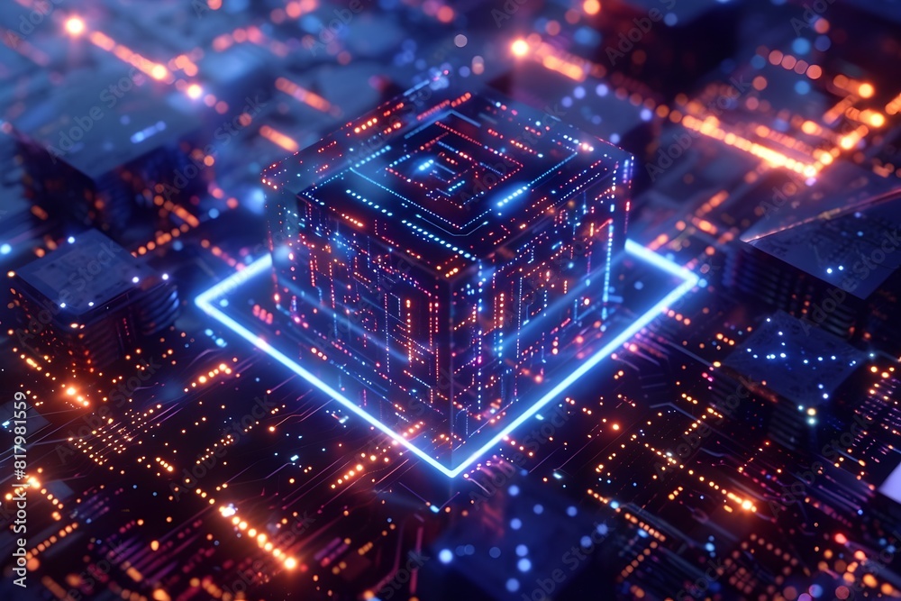 Wall mural a computer chip is lit up with neon colors. the image is of a cityscape with a glowing square in the