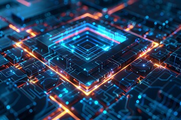 Obraz premium A computer chip with a blue and orange design. The blue and orange colors give the image a futuristic and high-tech vibe