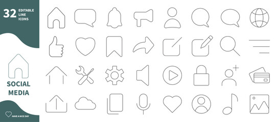 Social media icon. Set of home, like, settings, share icons,...