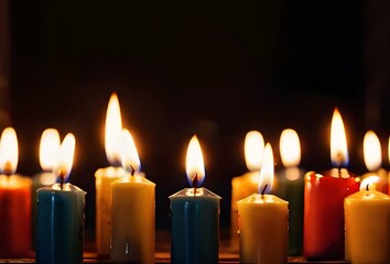 many Melting wax candles on dark background with empty copy space. Prayer and Christian Faith concept. Memory day