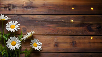 Obraz premium Daisy flowers on wooden background. cute white wildflowers on wood texture and rustic flatlay background with copy space. perfect for invitations, greeting cards, postcards, products display
