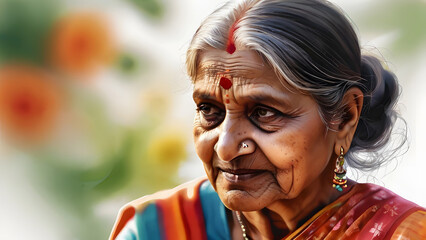 portrait of senior woman in a sari. Ethnic group India woman traditional Indian attire