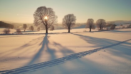 trees casting shadows at dawn in winter