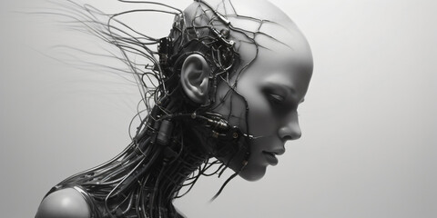 cyborg machine - female cybernetic figure wrapped in wires and tubes