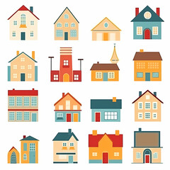 Fototapeta premium Icons of houses and buildings isolated on white. Illustration in vector format