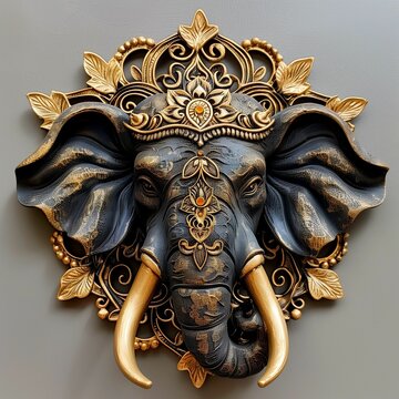 Illustration of a gold patterned elephant head. Traditional Indian animal on black background.