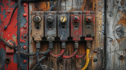 An artistic arrangement of vintage electrical cables and plugs against a rustic backdrop.