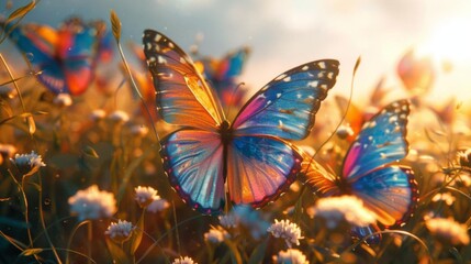 A flock of butterflies with wings patterned after the pansexual flag fluttering through a meadow