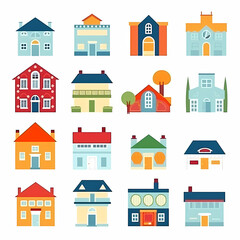 Icons of houses and buildings isolated on white. Illustration in vector format