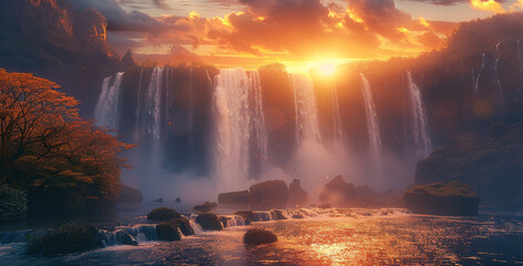 Under the setting sun, the waterfall is filled with mist and rain. Generative AI.