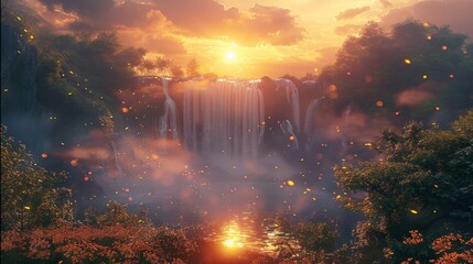 Under the setting sun, the waterfall is filled with mist and rain. Generative AI.