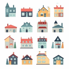 Fototapeta premium Icons of houses and buildings isolated on white. Illustration in vector format