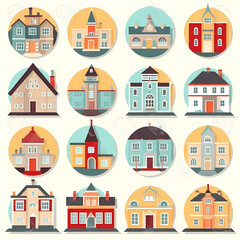 Fototapeta premium Icons of houses and buildings isolated on white. Illustration in vector format
