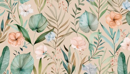 floral seamless pattern with abstract plants and flowers watercolor illustration on beige...