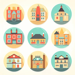 Icons of houses and buildings isolated on white. Illustration in vector format