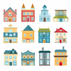 Fototapeta premium Icons of houses and buildings isolated on white. Illustration in vector format