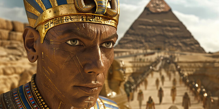 An Egyptian pharaoh, adorned with gold and jewels, oversees the construction of the great pyramids, their legacy etched into history