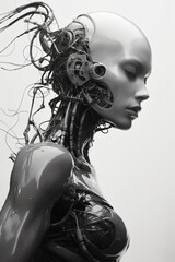 cyborg machine - female cybernetic figure wrapped in wires and tubes