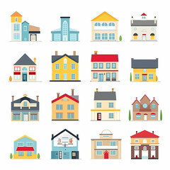 Fototapeta premium Icons of houses and buildings isolated on white. Illustration in vector format