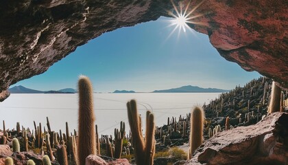 panoramic view of the uyuni salt flat with cactus plants under the cave salar de uyuni bolivia