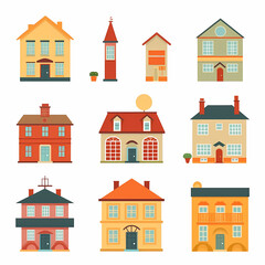 Fototapeta premium Icons of houses and buildings isolated on white. Illustration in vector format