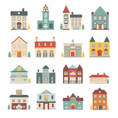 Icons of houses and buildings isolated on white. Illustration in vector format