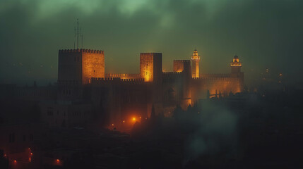 The ancient castle is shrouded in a mysterious green fog, creating an eerie and captivating atmosphere.