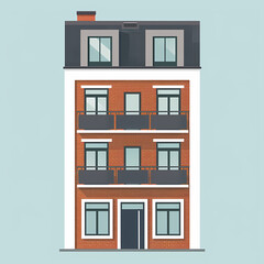 Illustration of the exterior of a house as seen from the front and with a roof. Modern. Townhouse building. Apartment. House facade with doors and windows.