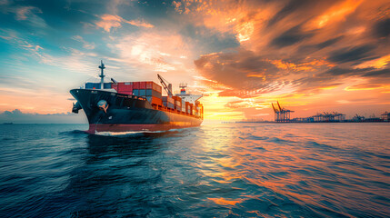 Container Cargo freight ship with working crane bridge at sunset for Logistic Import Export background
