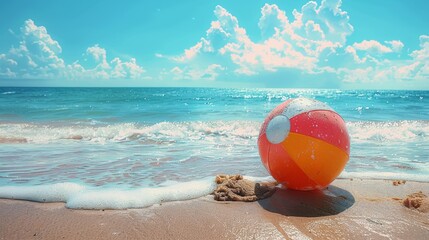 Obraz premium summer beach vibe, vibrant beach ball on sandy beach, summer clipart with copy space perfect for illustrations and backgrounds