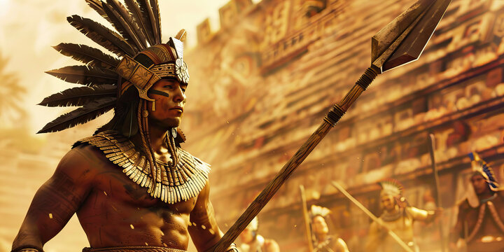 An Aztec warrior stands tall, spear in hand, ready to defend their people and their way of life.