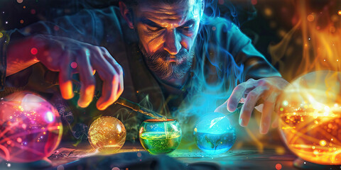 The Symphony of Elemental Alchemy: An ethereal figure, garbed in flowing robes, carefully balances a cauldron filled with four vibrant orbs above a blazing fire, their iridescent hues