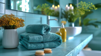 Rolled up blue towels soap dispenser lit candles vase with yellow flowers on bathroom vanity - Powered by Adobe