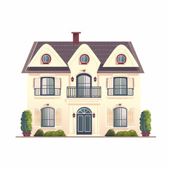 Illustration of the exterior of a house as seen from the front and with a roof. Modern. Townhouse building. Apartment. House facade with doors and windows.