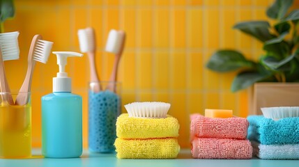 Bath products accessories on shelf with yellow tiled background