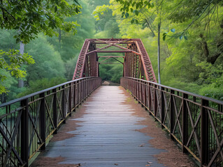 a charming bridge with elegant metal railings, surrounded by lush green trees, offering a captivating 
