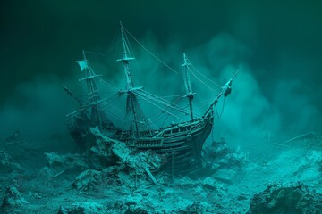 A shipwreck is shown in a deep blue ocean with smoke rising from the water.