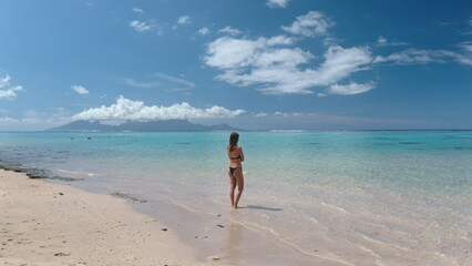 A woman wearing a bikini is standing on the sandy beach, with the ocean waves in the background. Blue sky sunny day. Tahiti, French Polynesia