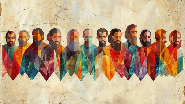 A minimalist illustration featuring Jesus and the 12 disciples, depicted with simple and clean lines to highlight the unity and diversity among the figures