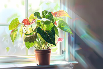 Anthurium plant (Colored Pencil) - Tropical America - Heart-shaped flowers, glossy leaves 
