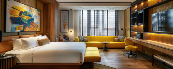 The modern and luxurious hotel room features a large bed, wooden floors, wall panels with builtin shelves, an elegant sofa in yellow tones, two tall chairs, desk